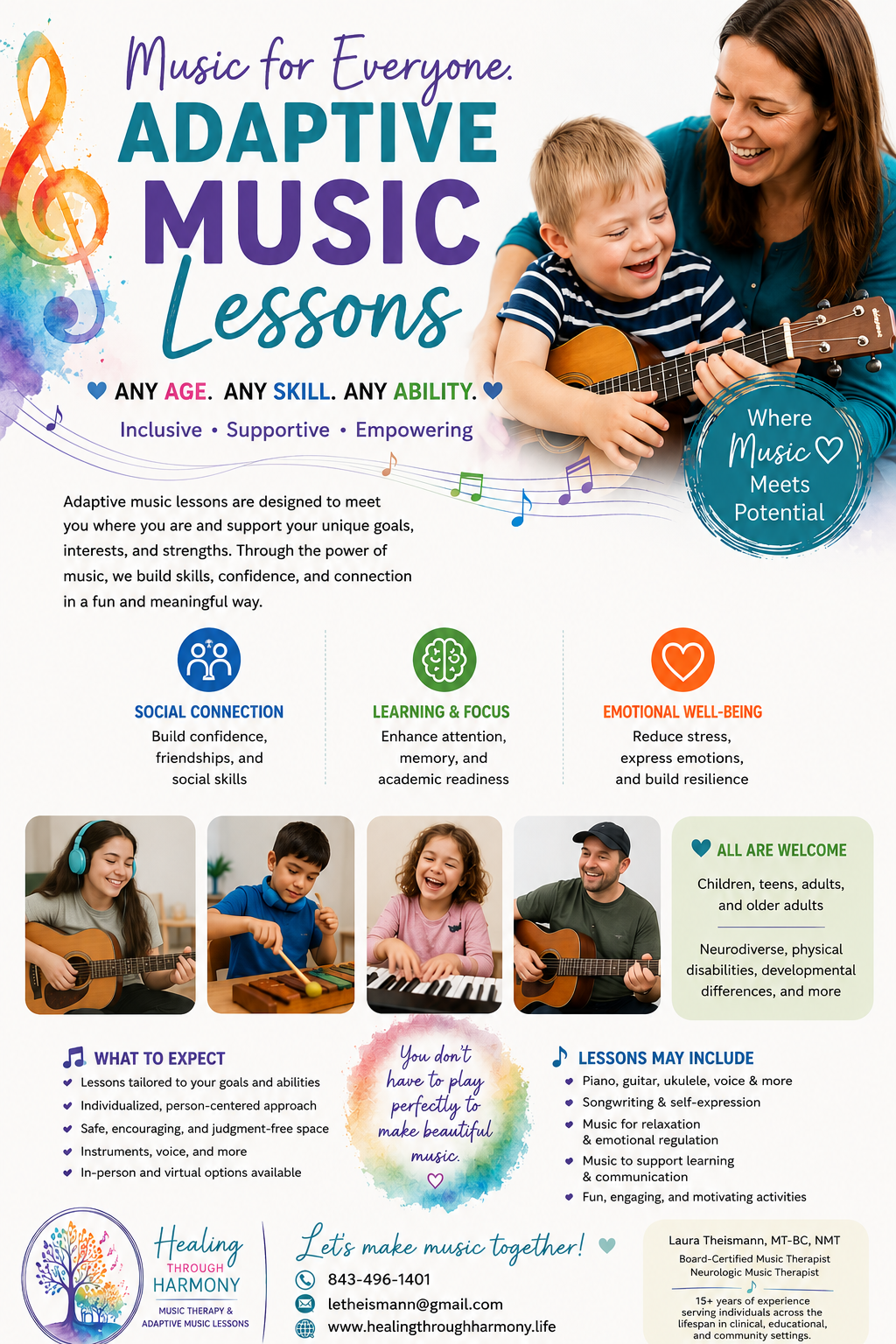 Adaptive Music Lessons flyer — Music for Everyone, Any Age, Any Skill, Any Ability